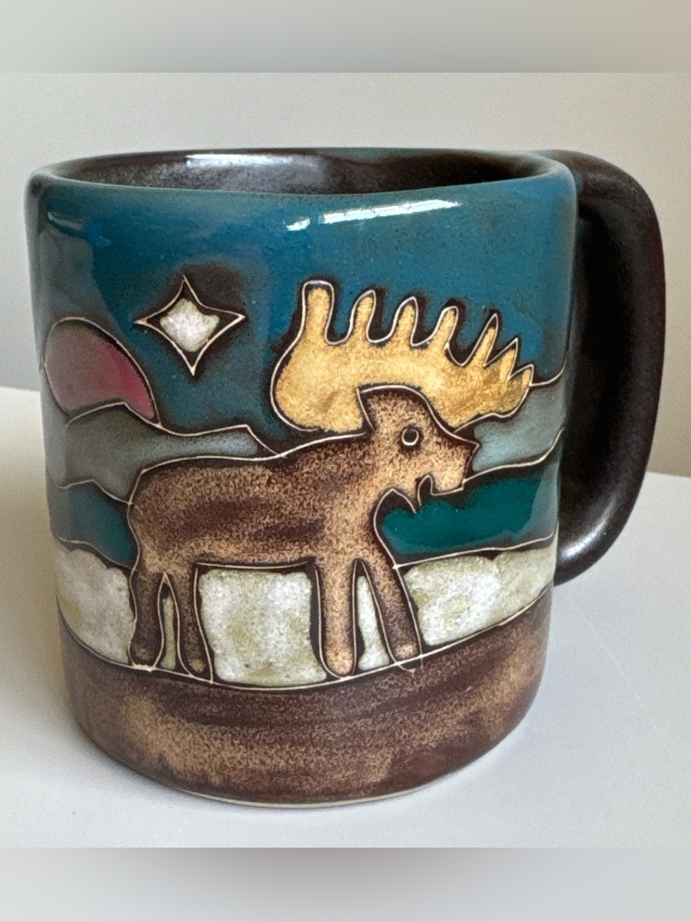 Mara Stoneware Moose Coffee Mug Large Made in Mexico Blue Brown Handmade Heavy